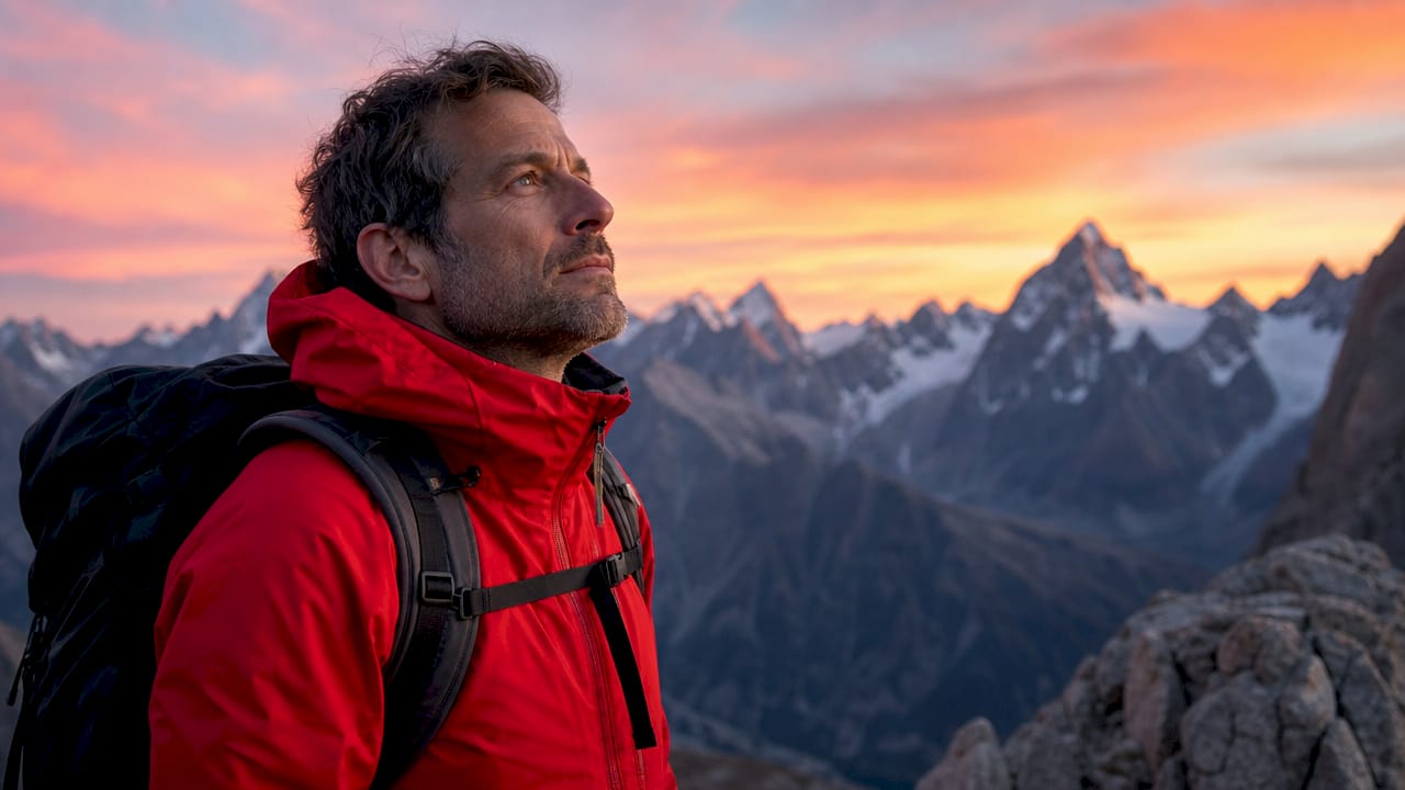 Male trekker adjusting backpack on mountain trail