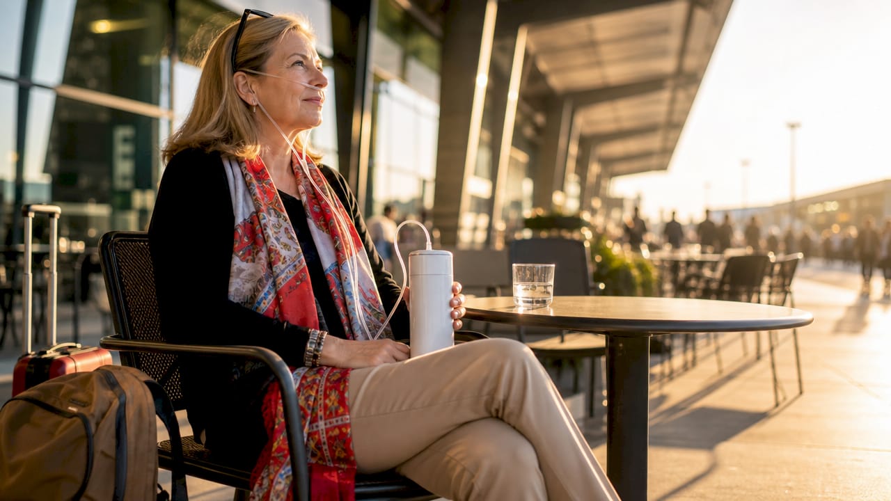Traveler using portable oxygen concentrator outdoors