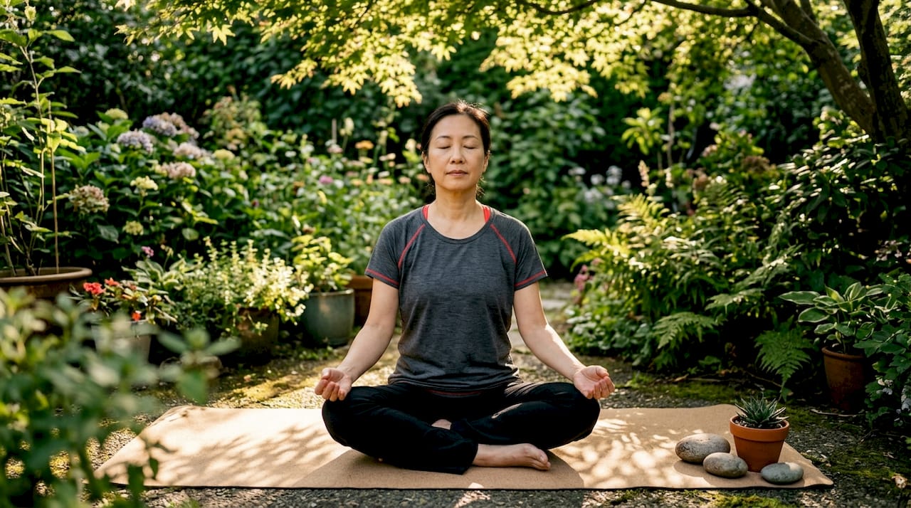 Woman practicing deep breathing in living room