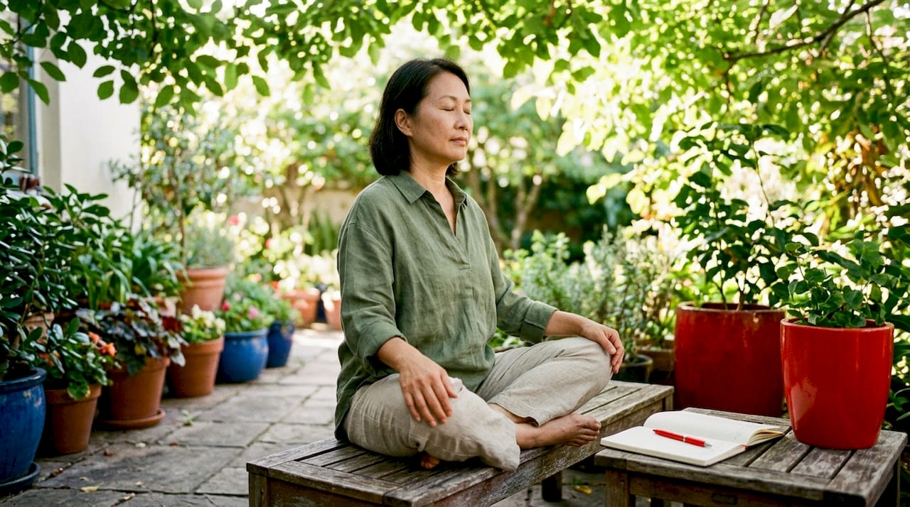 Woman practicing deep breathing in home study