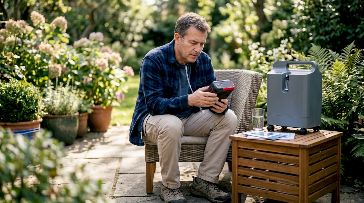 Man comparing portable and home oxygen concentrators in living room