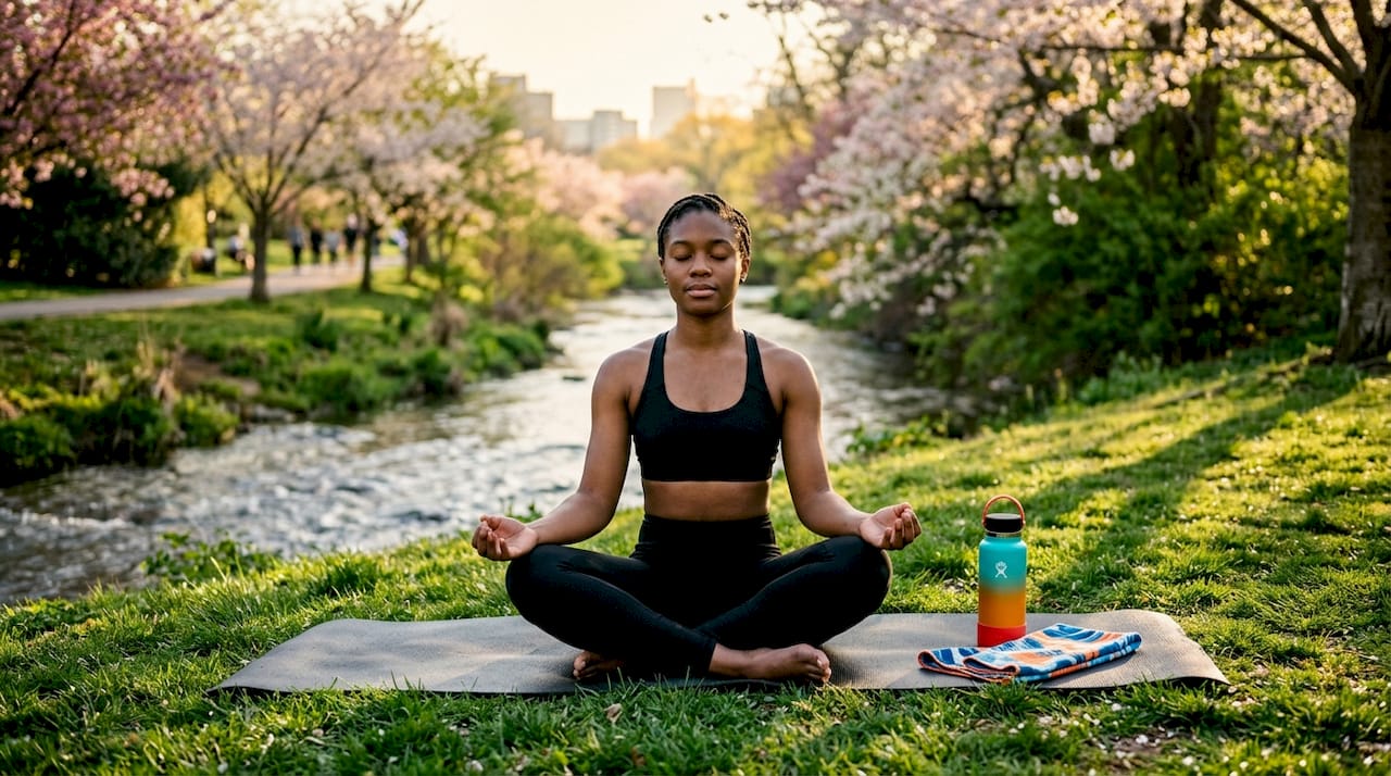 Athlete practicing breathing exercise outdoors