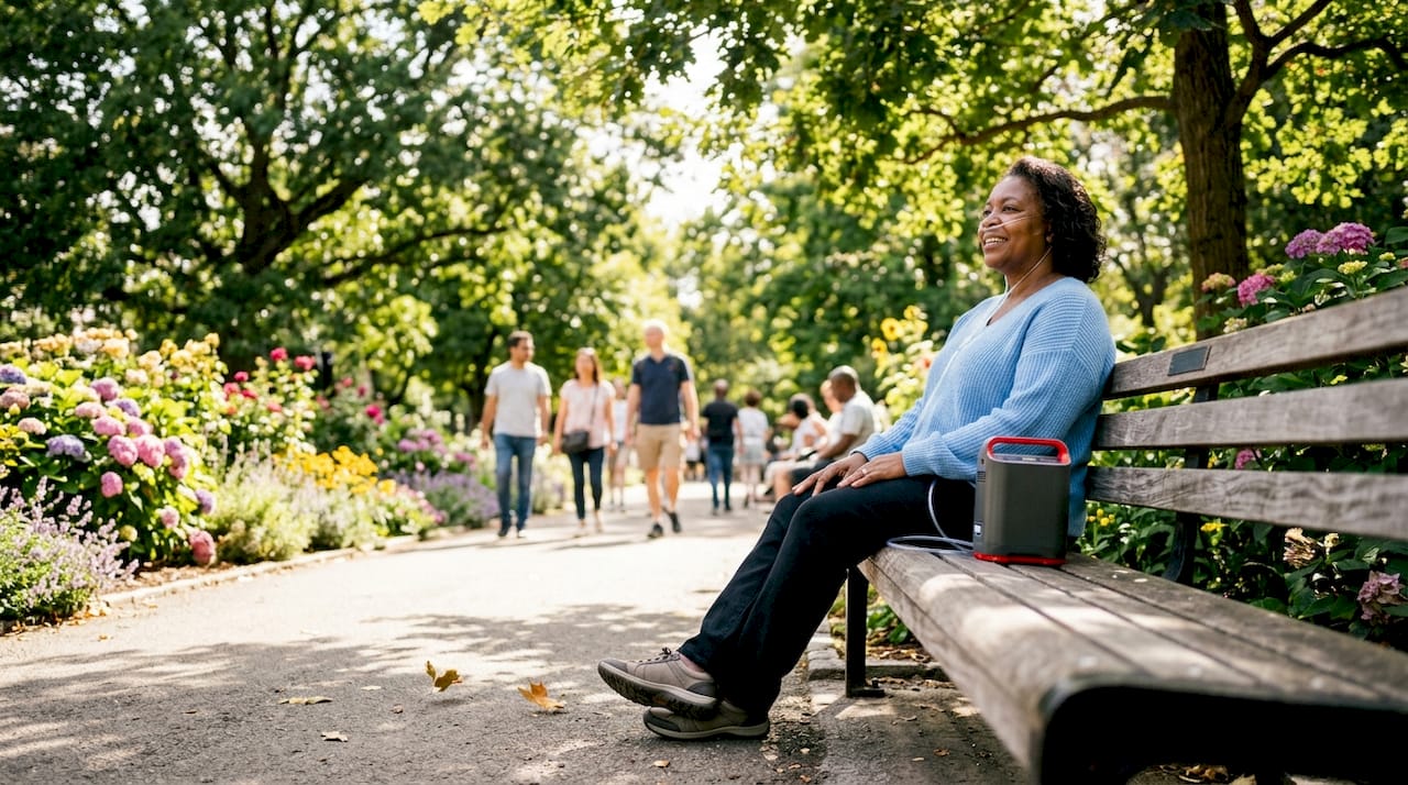Woman using portable oxygen concentrator outdoors