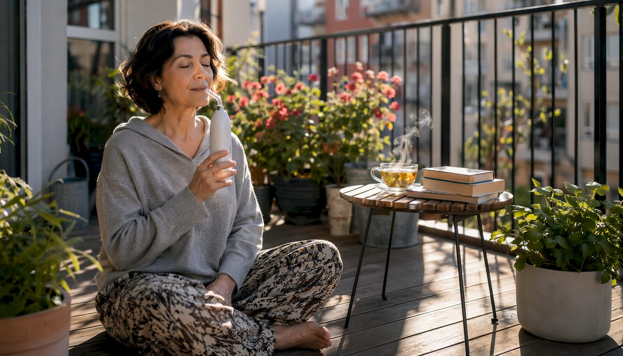 Woman using supplemental oxygen at home