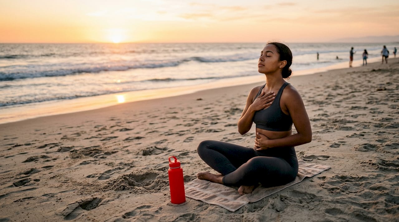Woman practicing breathing exercise at home