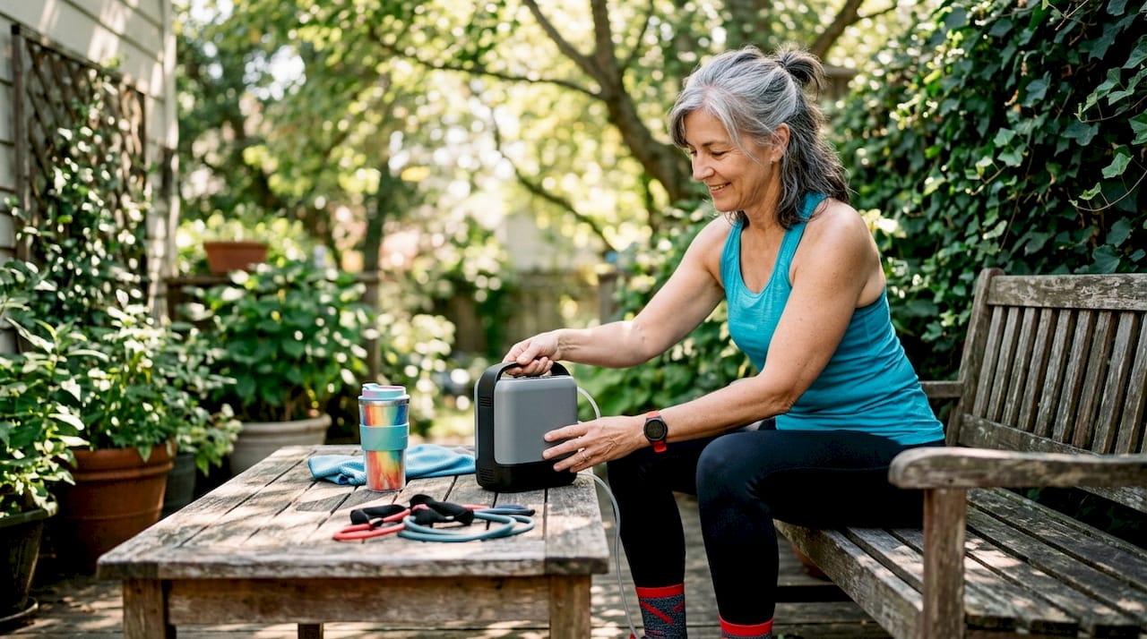 Woman setting down portable oxygen concentrator after exercise