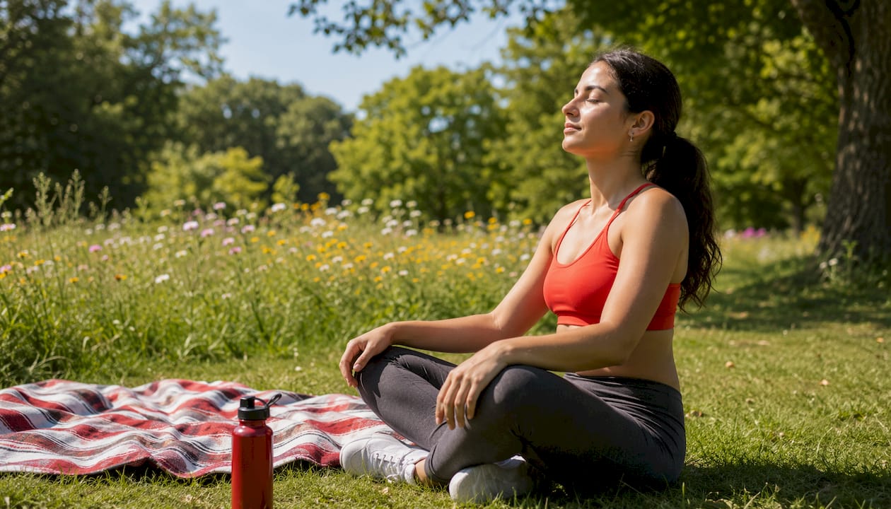 Woman practicing deep breathing indoors