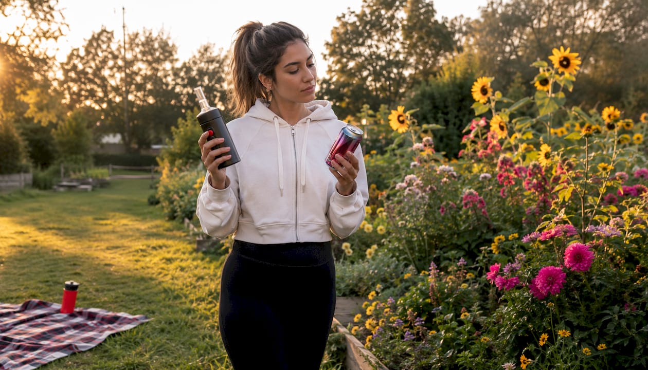 Woman comparing portable oxygen and energy drink outdoors