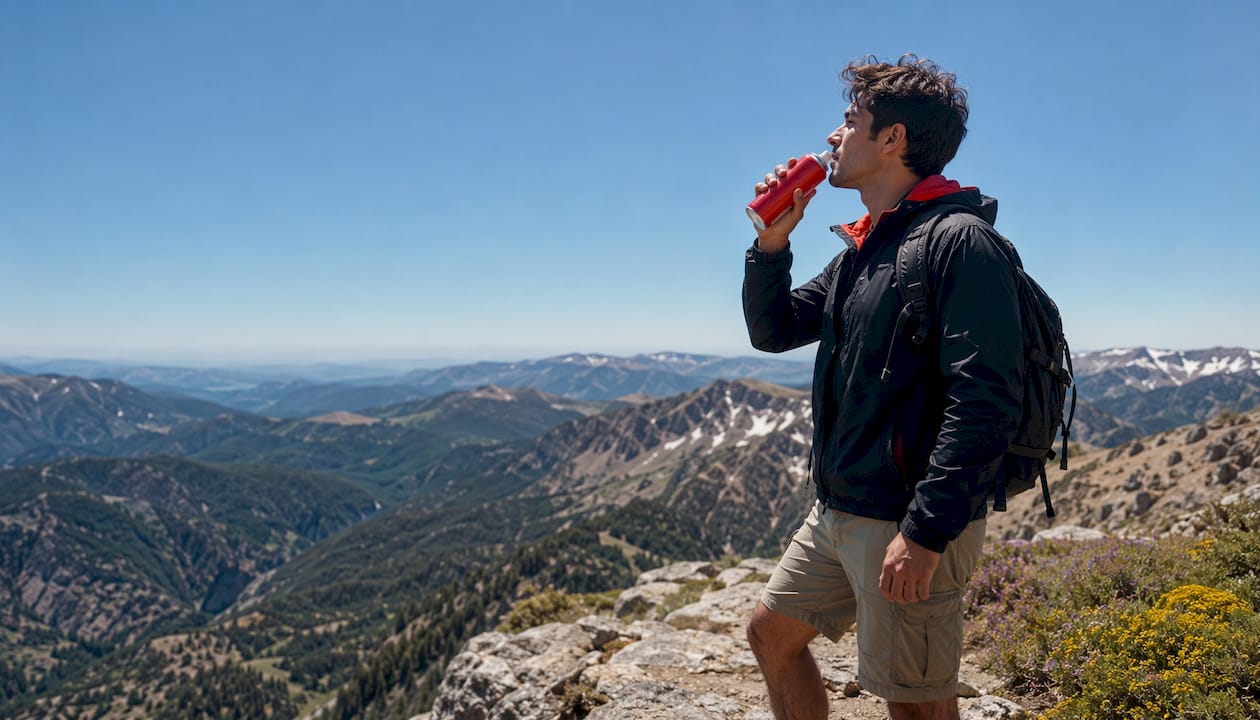 Hiker using canned oxygen outdoors
