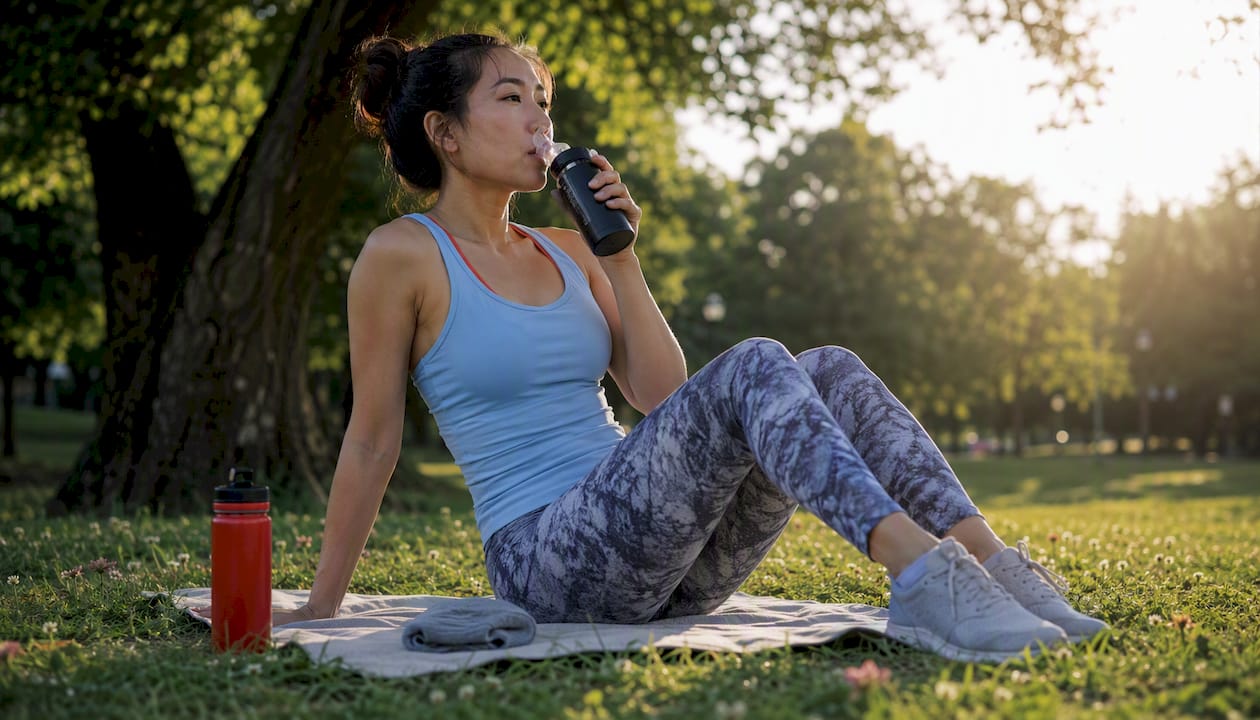 Woman using portable oxygen after workout