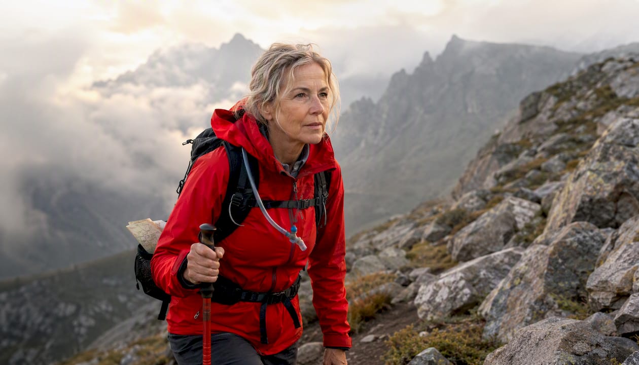 Woman climbing rocky mountain trail during morning