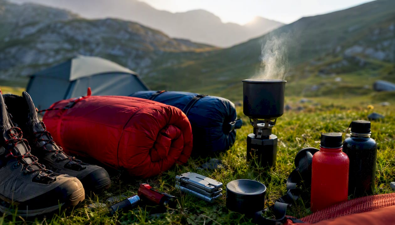 Flat lay of layered high-altitude survival gear on rocky ground