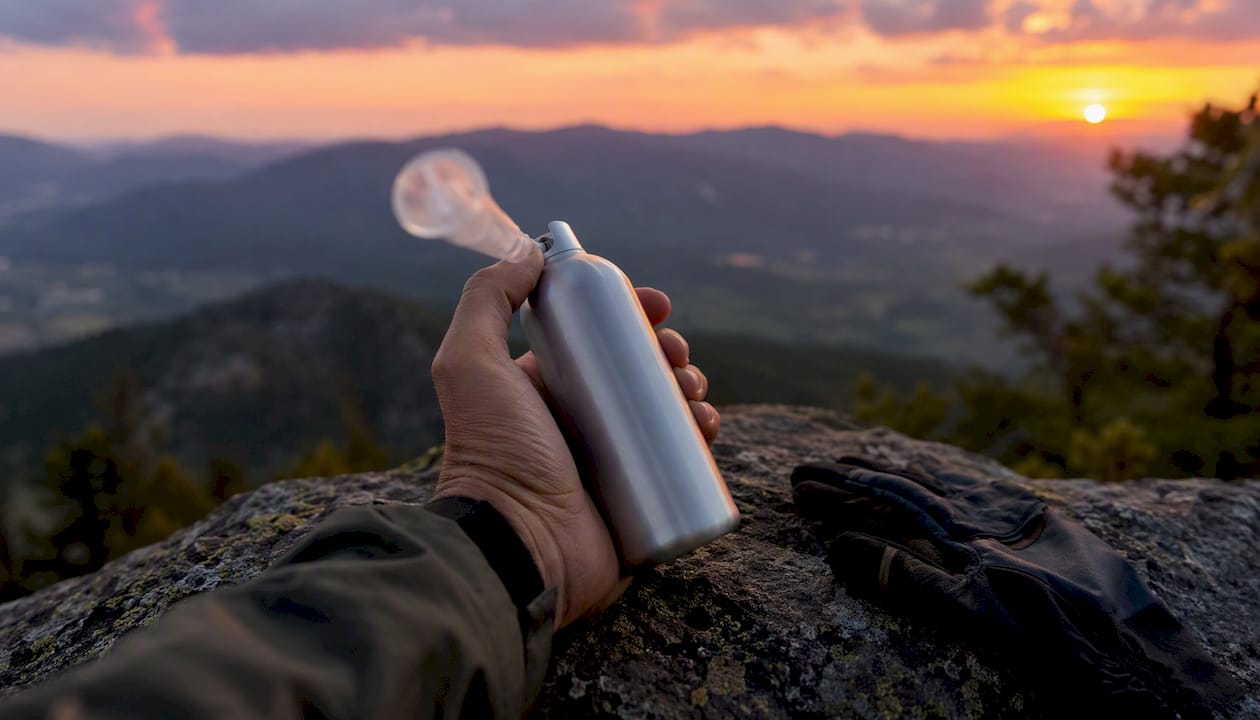 Hand holding an oxygen can at mountain summit