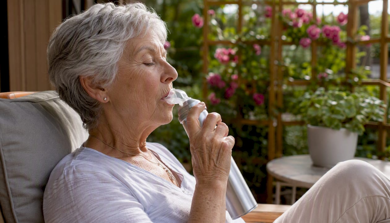 Senior using OTC canned oxygen at home