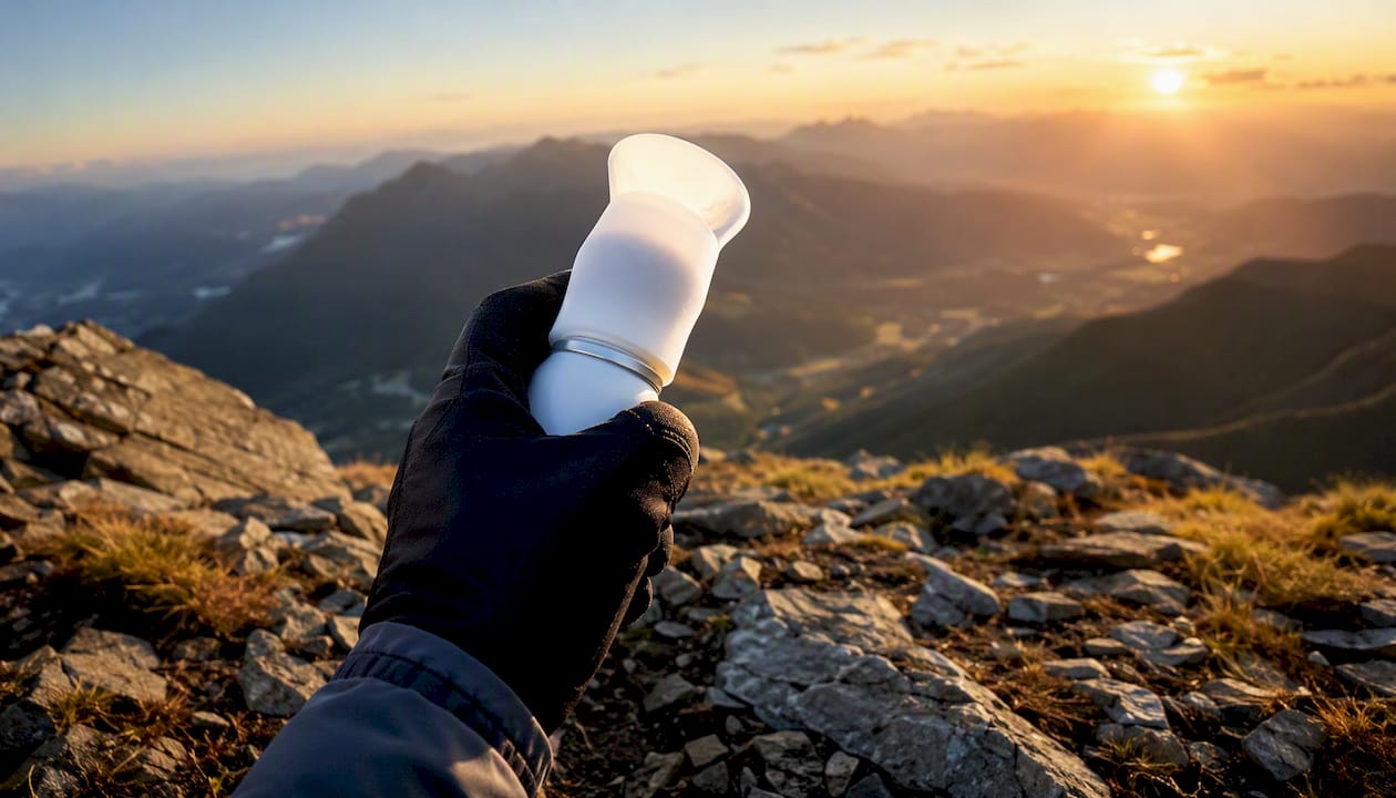 Hand holding a portable canned oxygen canister outdoors