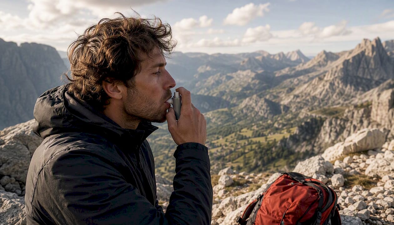 Hiker resting using oxygen at altitude