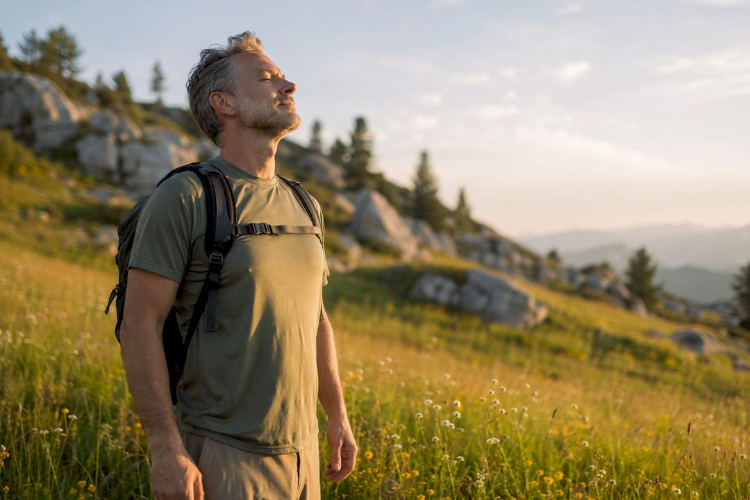 Person walking uphill taking deep breath