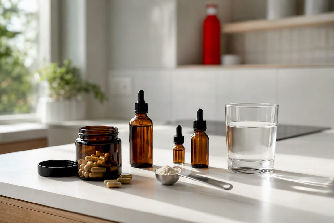 Travel recovery supplements on white table