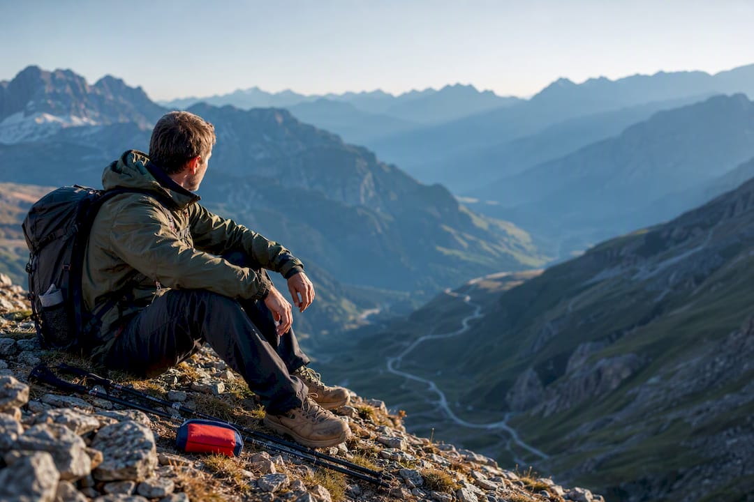 Hiker paused on a high alpine trail