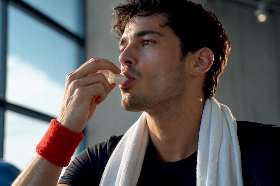 Athlete using an oxygen mouthpiece during recovery