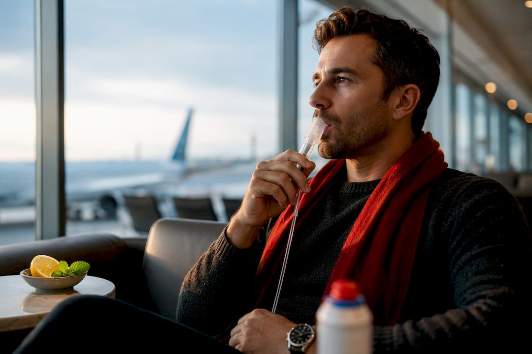 Traveler using an oxygen mouthpiece in lounge