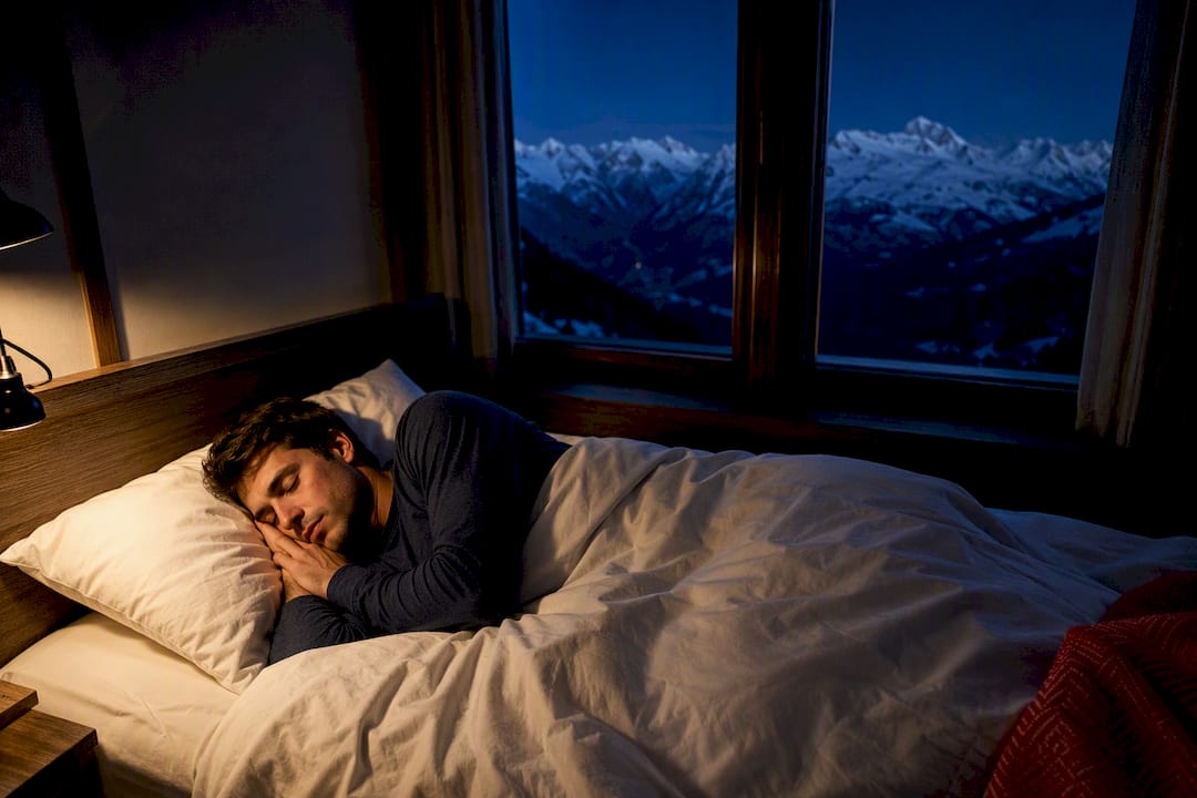 Traveler sleeping in high-altitude mountain lodge