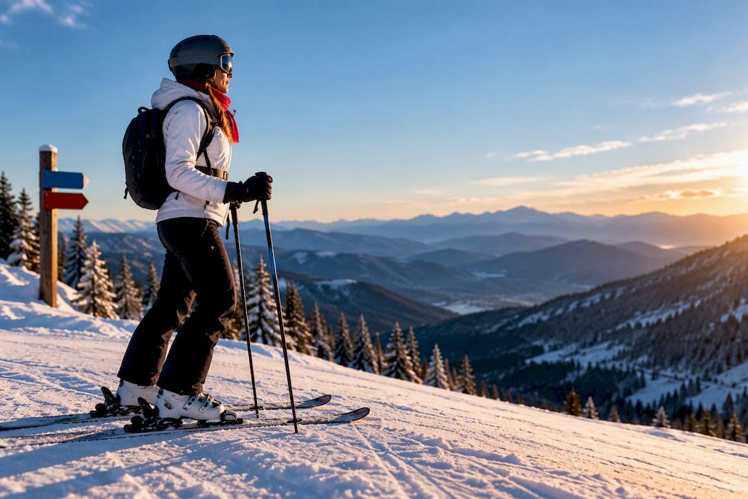 Skier pausing at high altitude resort