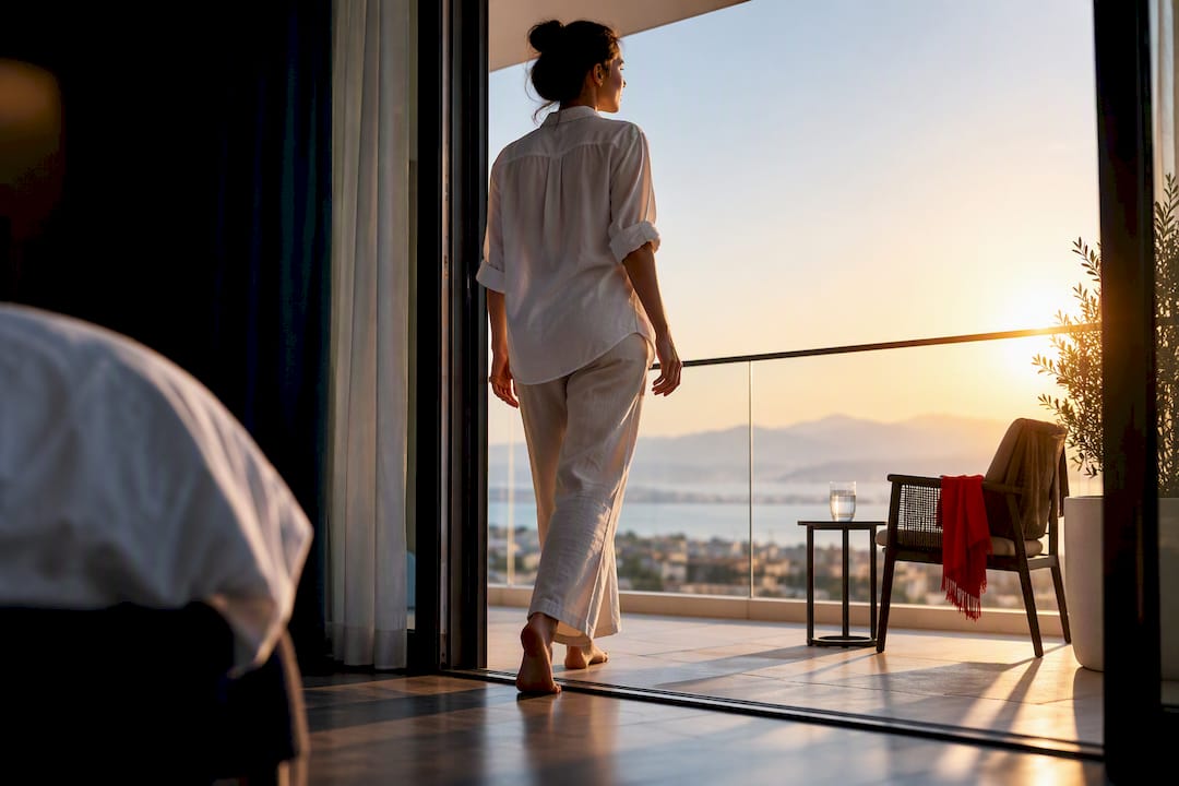 Traveler stepping into dawn light