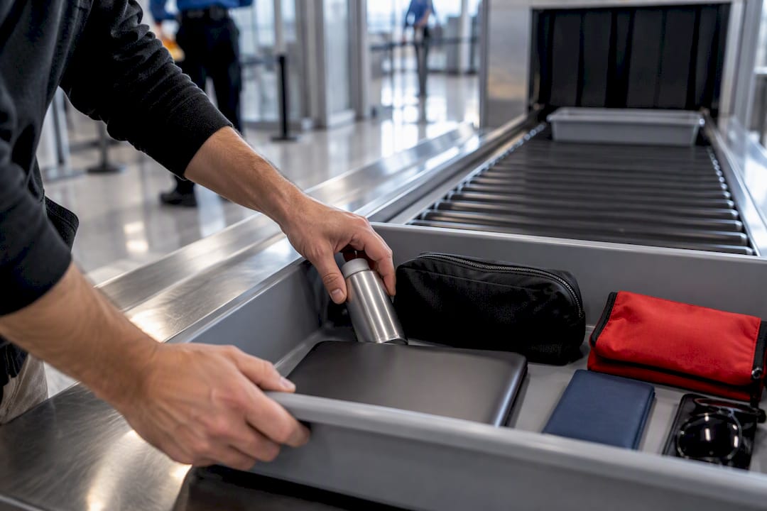 Anonymous oxygen canister in airport security tray