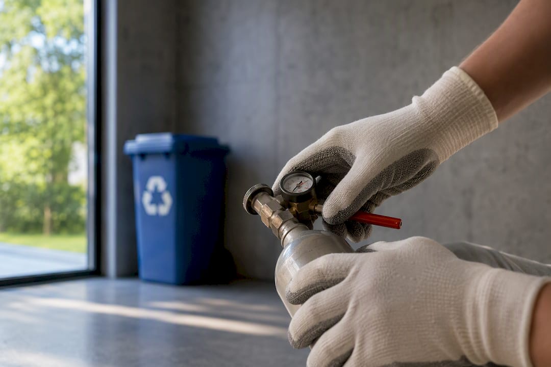 Hands safely inspecting an oxygen canister valve