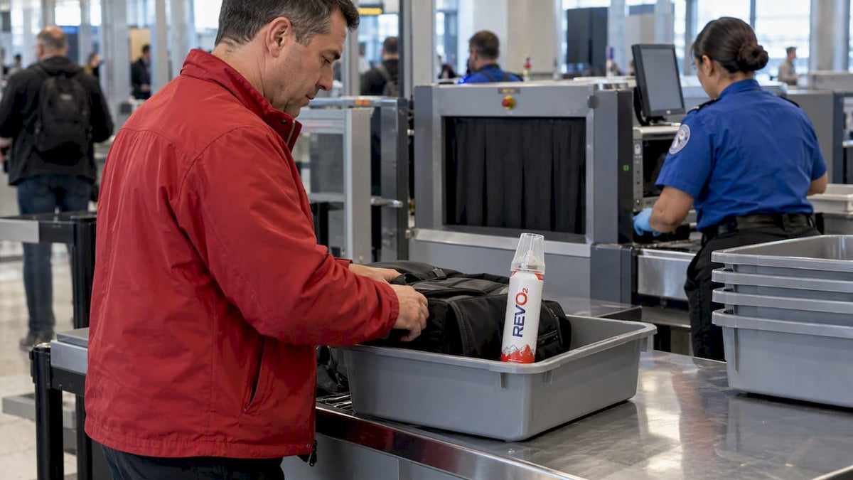 REV/O2 can at airport security checkpoint