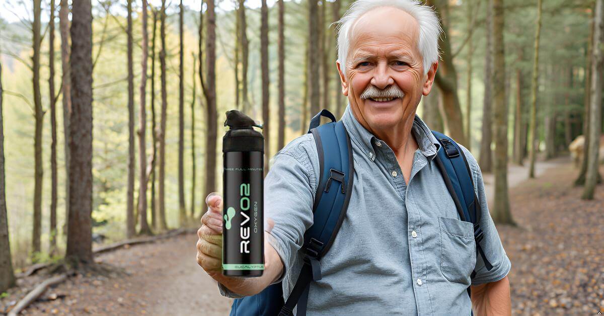 Elderly Man Hiking With Canned Oxygen